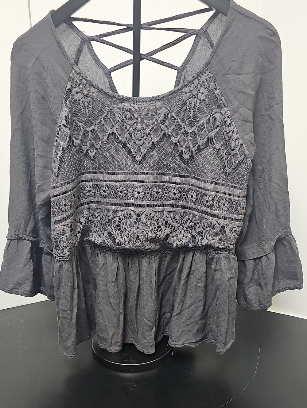 Knox Rose Grey Lace-Front Peasant Tunic with Crisscross Back